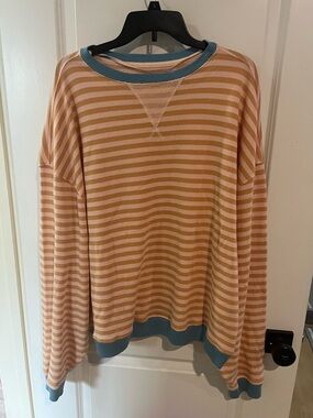 We The Free Pink & Tan Striped Top with Blue Trim